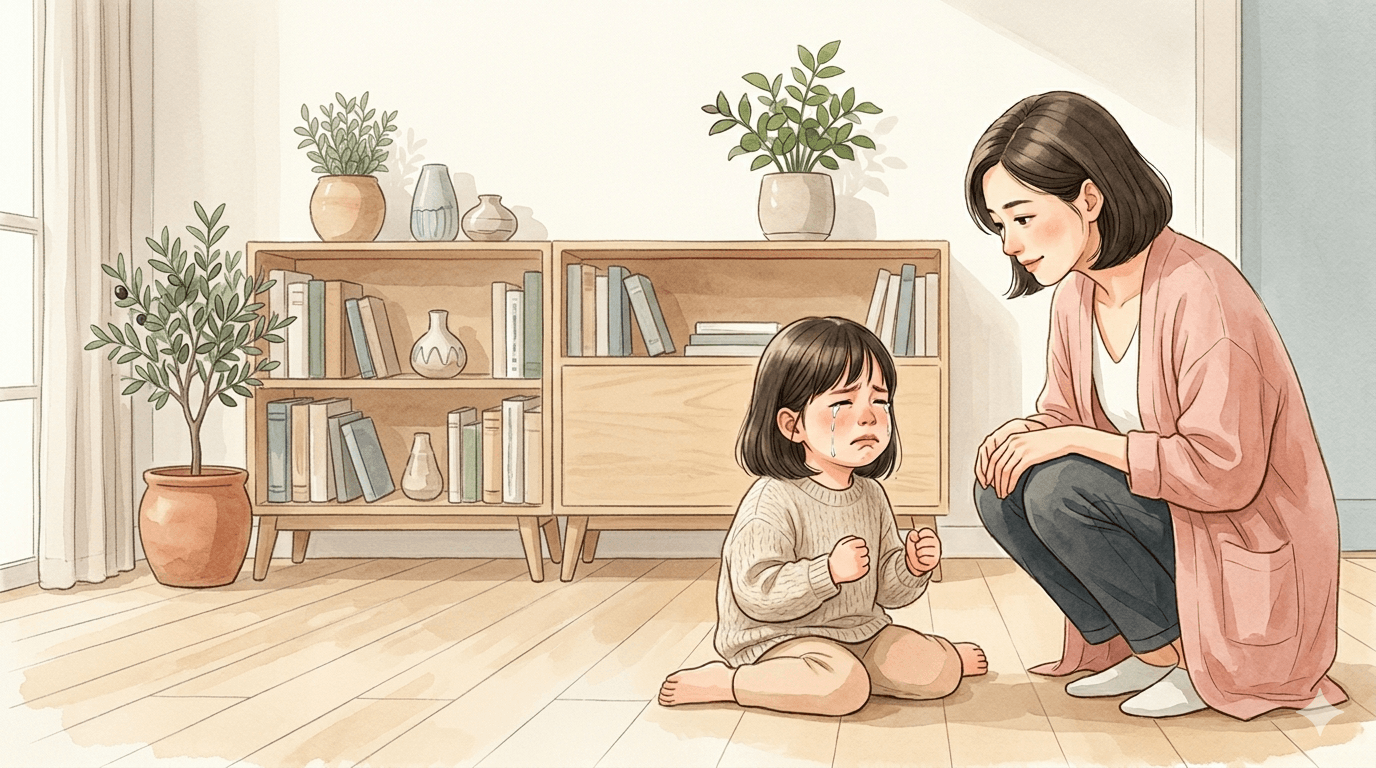 家长在孩子发脾气时蹲下陪伴并稳定回应的场景插画