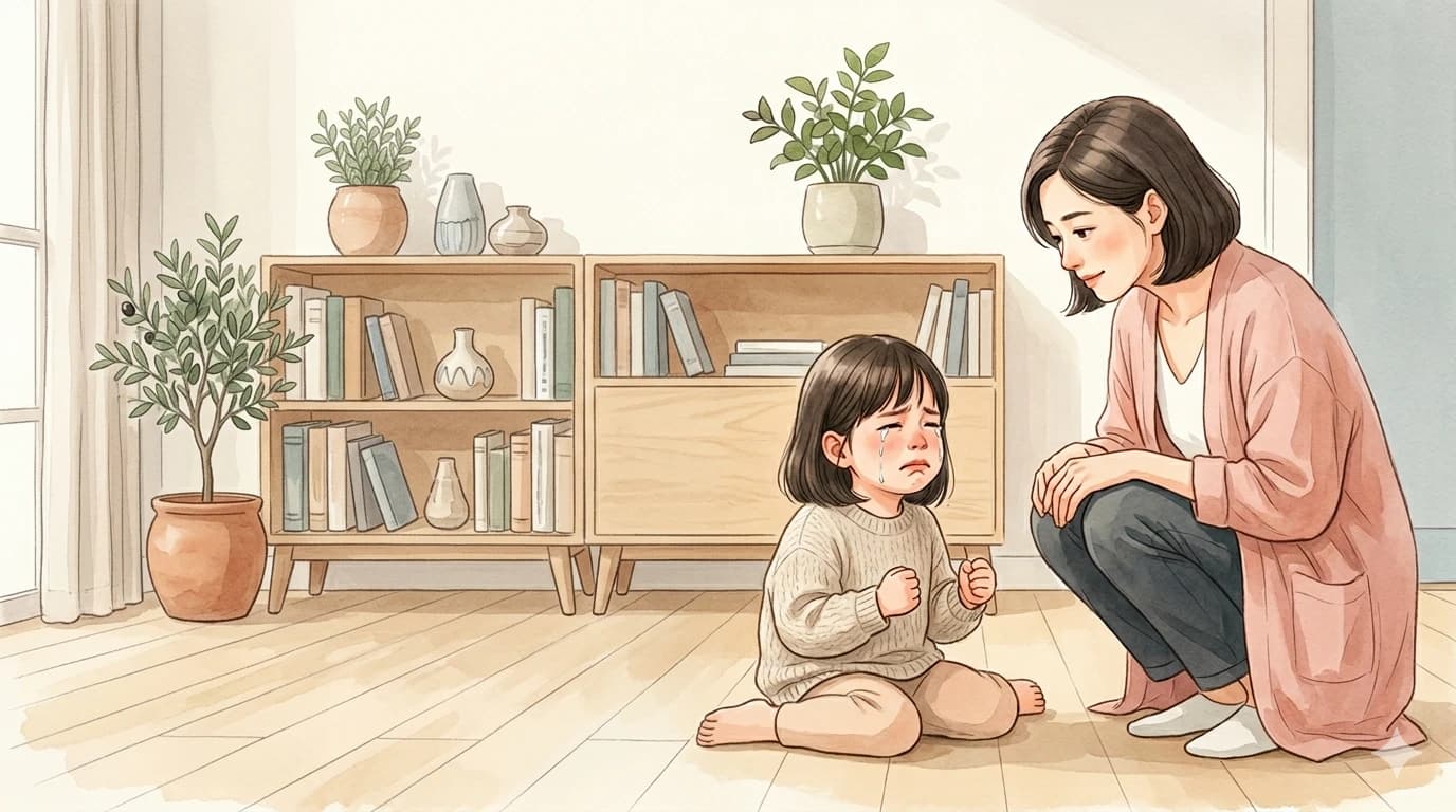 家长在孩子发脾气时蹲下陪伴并稳定回应的场景插画