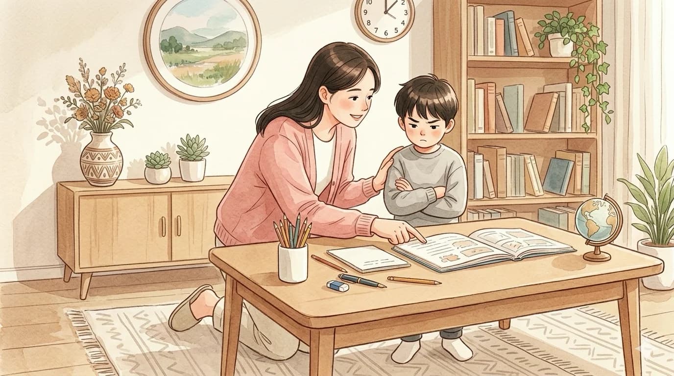妈妈在书桌旁耐心引导孩子看作业，孩子双手抱胸、表情抗拒的家庭场景插画