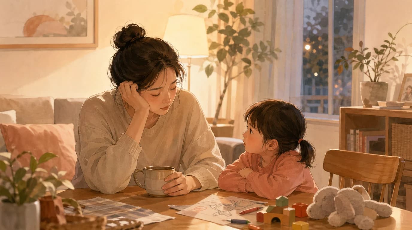 疲惫的妈妈坐在餐桌旁，孩子安静望向妈妈的温暖家庭插画