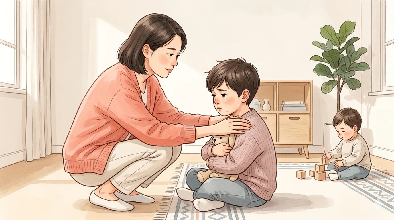 家长蹲下安抚感觉失落的老大，旁边弟弟妹妹在客厅玩玩具的温暖插画
